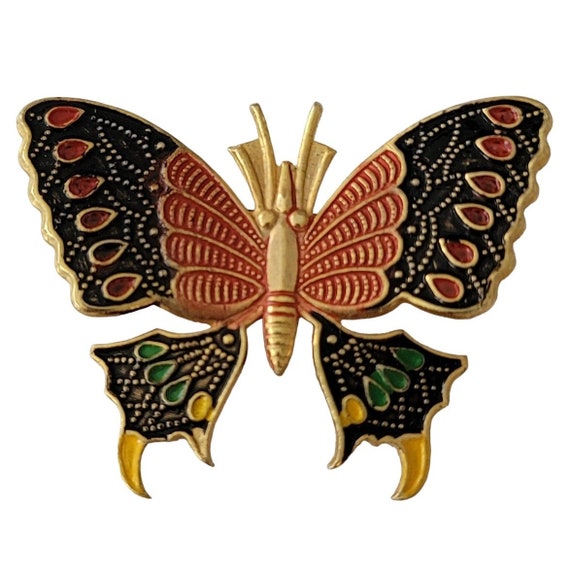 Spain Red Black Enamel Toledoware Butterfly Brooch Pin E790