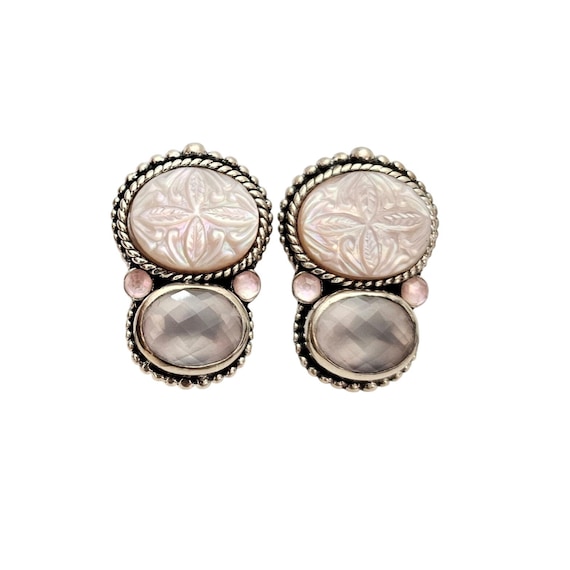 Stephen Dweck Sterling Pink Shell Carved Rose Quartz Clip Earrings Signed, C813
