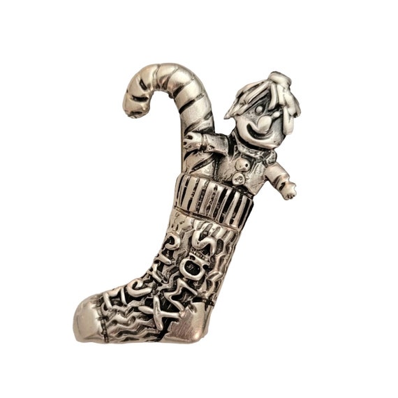 Sterling Silver Christmas Stocking Candy Cane Brooch Pin Pendant E296