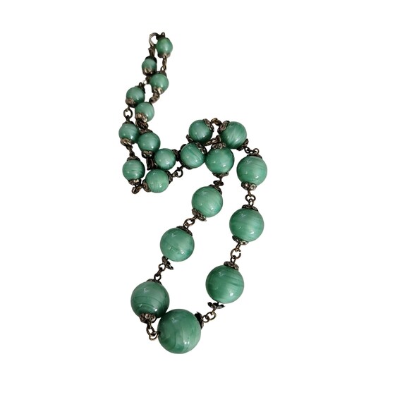 Green Round Molded Art Glass Beads, Glow, Brass Caps, Thumb Clasp 16.5" Long