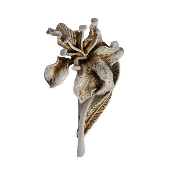 HAR White Enamel Stemmed Flower Brooch Pin, Signed E81