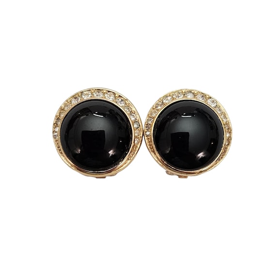 Christian Dior Round Black Glass Cabs Clear Rhinestone Clip On Earrings, Signed L427