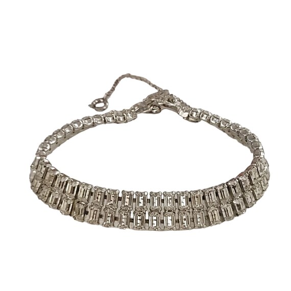 Bellini Silver Tone Clear Baguette Rhinestone Bracelet 7.5" Long, Signed K922