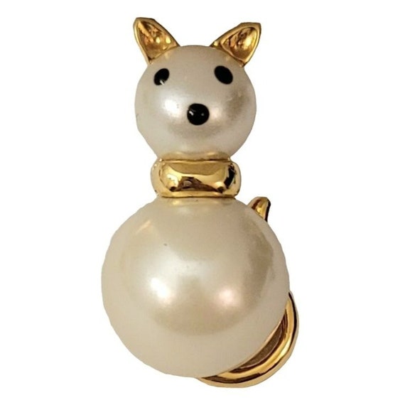 Carolee Gold Tone Faux Pearl Cat Brooch Pin, Signed M58
