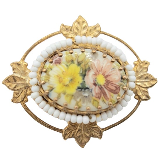 Miriam Haskell Vintage 1960s Gold Tone White Glass Beaded Painted Floral Cameo Brooch, Signed
