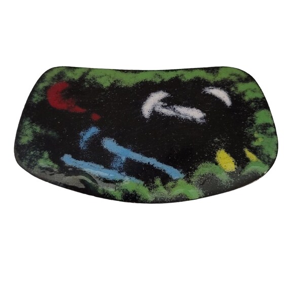 Black Green Modernist Porcelain Painted Copper Brooch Pin E548
