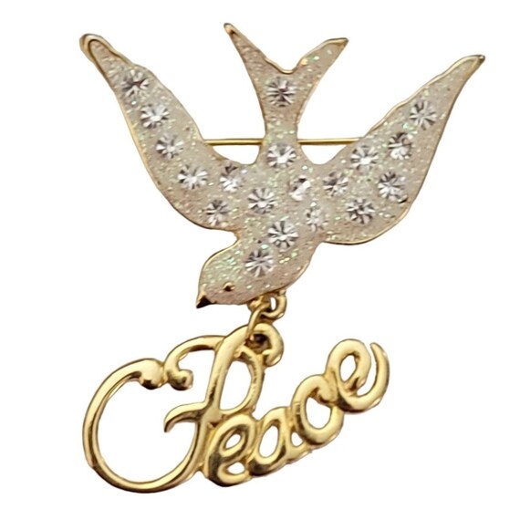 Danecraft Gold Tone Enamel, Rhinestone Dove & Peace Charm Dangle Brooch Pin Signed K825
