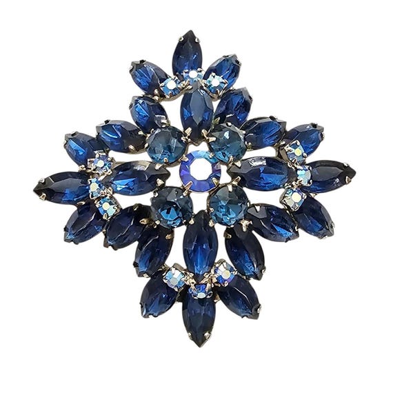 Blue Navette AB Rhinestone Pin, Maltese Cross Domed Cluster Brooch