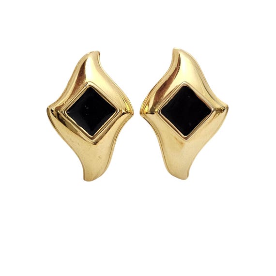 Gold Tone Modernist Black Enamel Clip On Diamond Shape Earrings, J579
