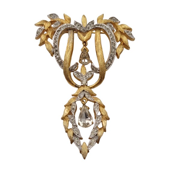 Polcini Gold Tone Clear Rhinestone Hinged Heart Laurel Leaf Dangle Brooch, Signed E622