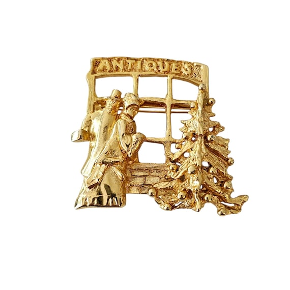 Raffine Gold Tone Brooch Antiques Store Christmas Shoppers Pin, Signed