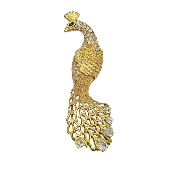 Trifari Vintage Bird Of Paradise Gold Tone Clear Rhinestone Pin, Signed