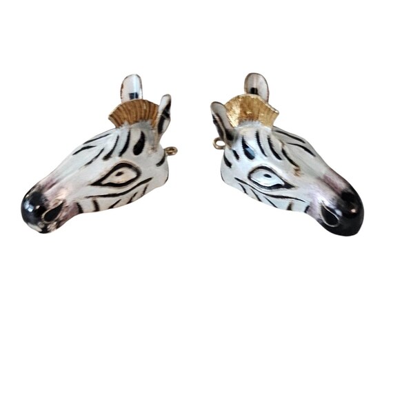 Black White Enamel Zebra Head Dangle Earrings, Silver Chinese Import, Vintage L516