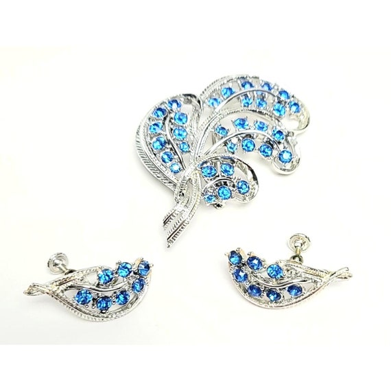 Star Silvertone Blue Rhinestone Plume Brooch And Matxhing Ears, Set Signed