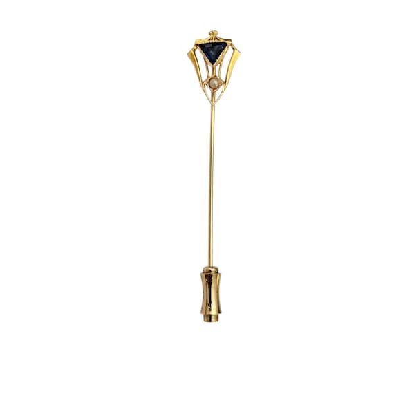10K Yellow Gold Pearl Blue Glass Stick Lapel Pin
