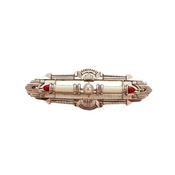 14K White Gold Red White Enamel Seed Peal Art Deco Bar Brooch Pin L70