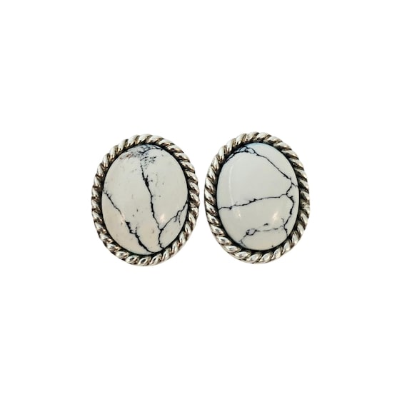 Sterling Silver White Turquoise Clip On Earrings, Oval Rope Twist Mexico