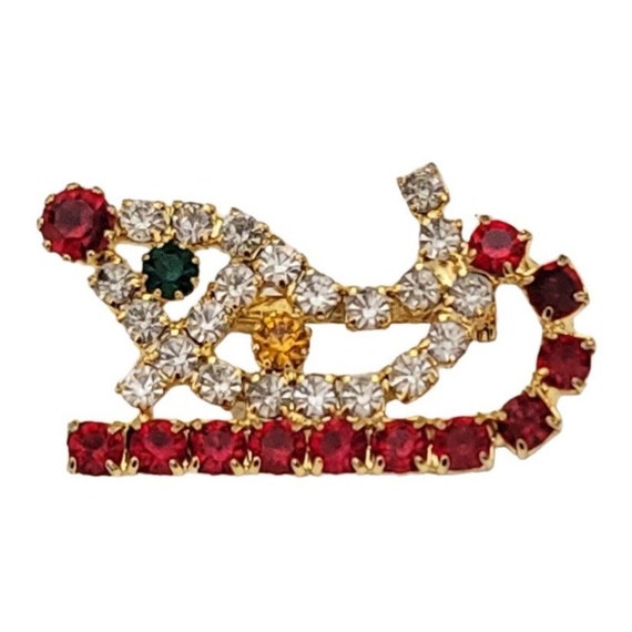 Gold Tone Red Clear Prong Set Rhinestone Small Christmas Sleigh Pin Brooch K737