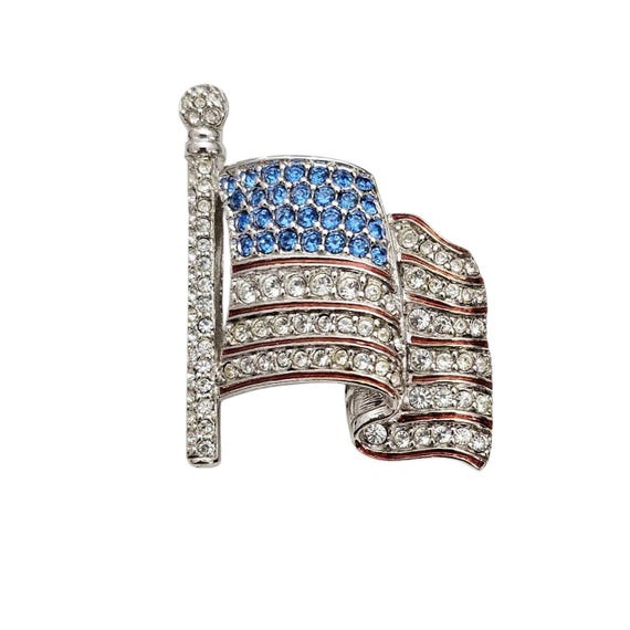 Swarovski Rhinestone Brooch Red Enamel Patriotic US Flag Pin, Swan Logo