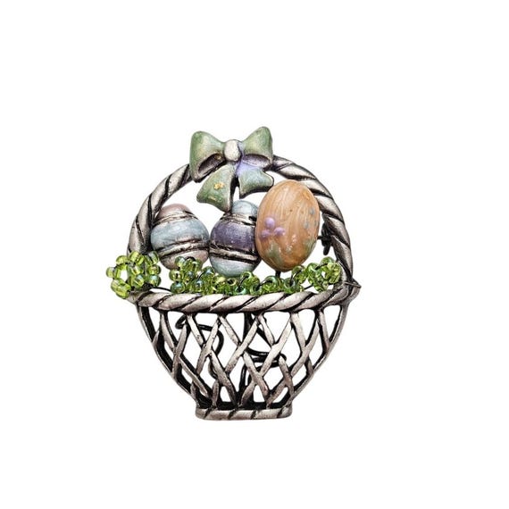 Easter Basket Brooch Blue Orange Enamel Green Glass Bead Pin J570
