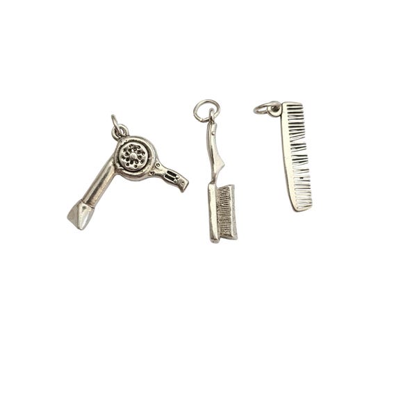 Sterling Silver Chunky Charms Pendants Brush, Comb, Blow Dryer Vintage Set C918