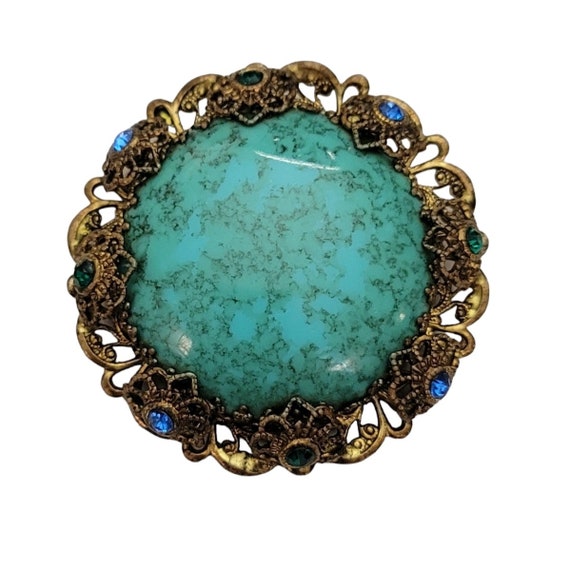 West Germany Round Cluster Filigree Blue, Green Rhinestone Brooch Pendant, Signed E198