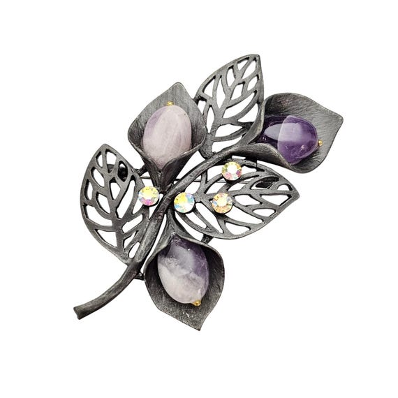 Amethyst Bead Flower Brooch, Pewter Style AB Rhinestone Flower Leaf Pendant J740