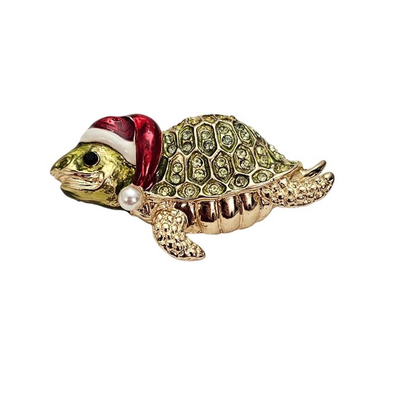 Green Rhinestone Christmas Sea Turtle Wearing Red Enamel Santa Hat Brooch L448