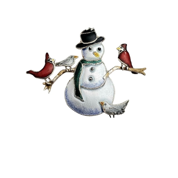 Sterling Silver Enamel Snowman Brooch With Red Cardinal Birds Friends J415
