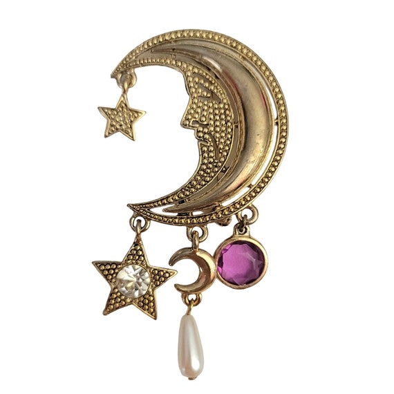 Delizza & Elster Juliana Gold Tone Crescent Moon Star Faux Pearl Charm Brooch, M149