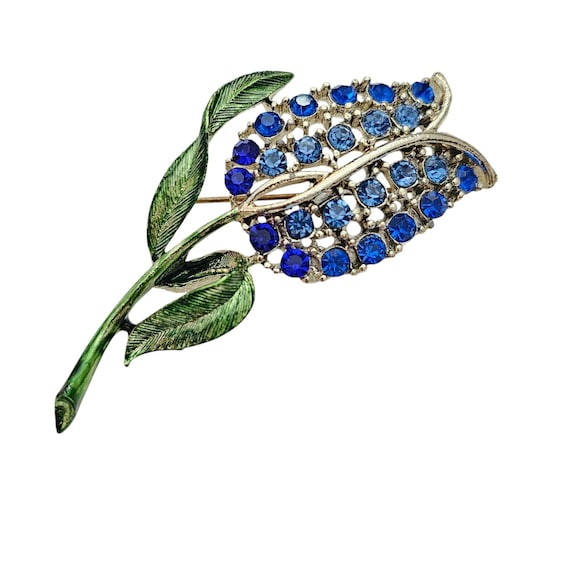 Vintage Blue Rhinestone Tulip Brooch, Mid Century New Old Stock Pin