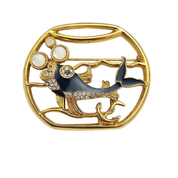 1928 Brand Fish In Bowl Brooch Mother Of Pearl Cab Blue Enamel Pin J295