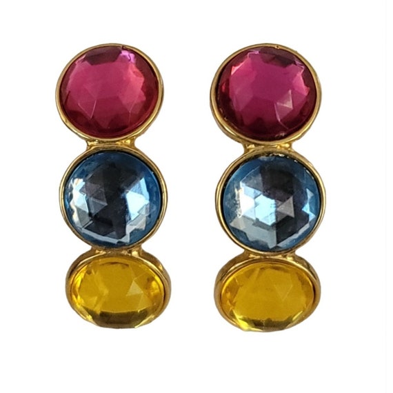 Gold Tone Pink Yellow Blue Faceted Lucite Dots Clip-On Earrings K713