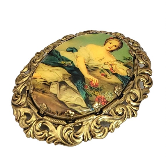 Western Germany Glass Picture Transfer Cameo Brooch Pin, Signed K611