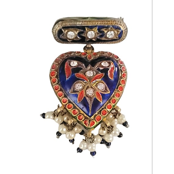 Blue Red Green Enamel Guilloche Heart Faux Pearl Dangle Pin Brooch K525