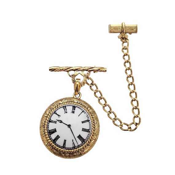 1928 Brand Faux Clock Face Fob Chatelaine Bar Brooch Chain Victorian Style C861