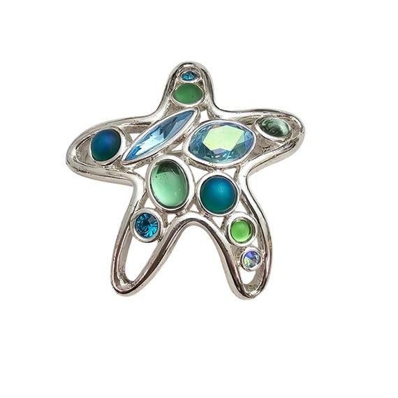 Monet Starfish Brooch Blue Green Teal Cabochon Rhinestone Pin Signed J335
