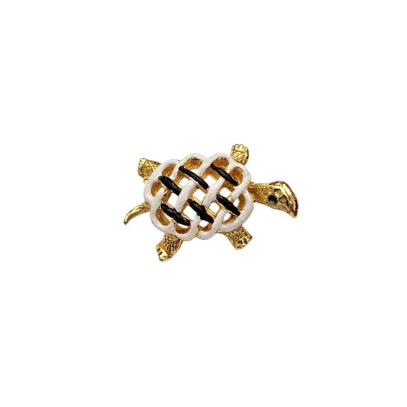 Turtle Pin Green Eyes Black White Small Brooch C594