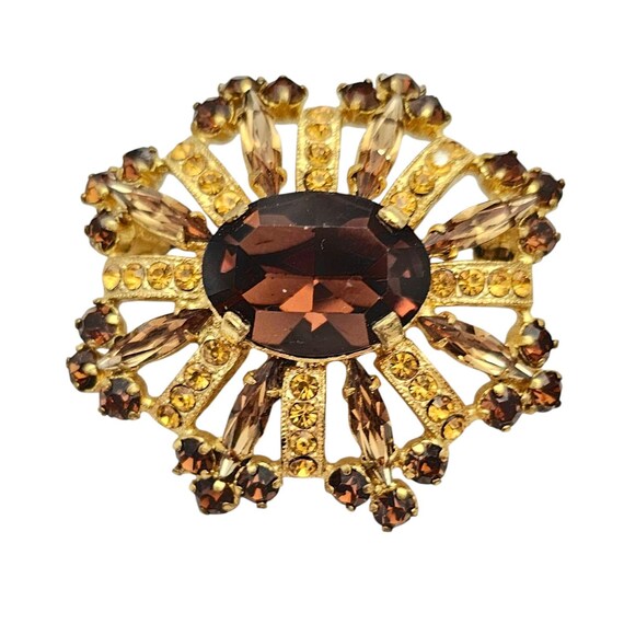 Austria Topaz Rhinestone Oval Starburst Brooch, Signed L990