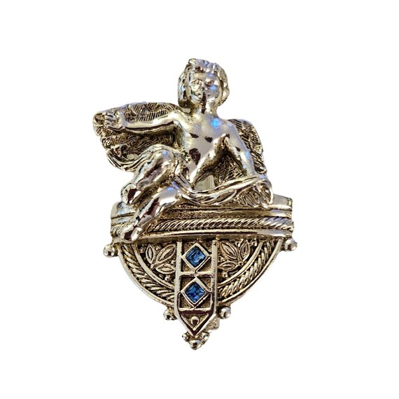 Vatican Library Silver Tone l Blue Rhinestone Cherub Angel Brooch, Signed L276