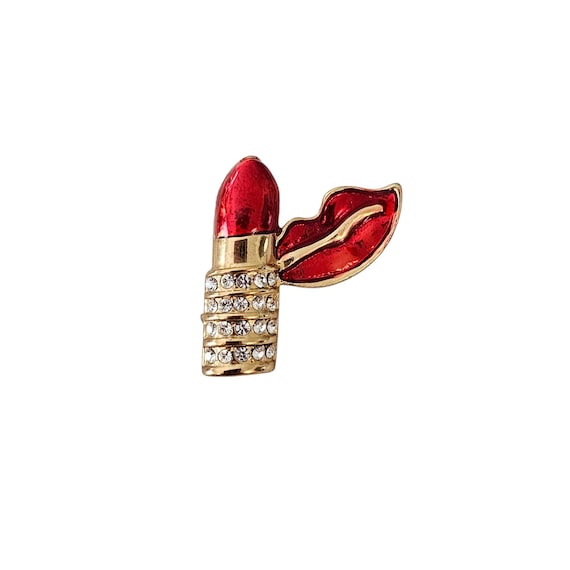 Gold Tone Clear Rhinestone Red Enamel Lipstick Lips Pin Brooch L185
