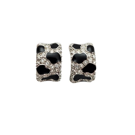 Animal Cat Black Spot Print Clip On Rhinestone Earrings J537