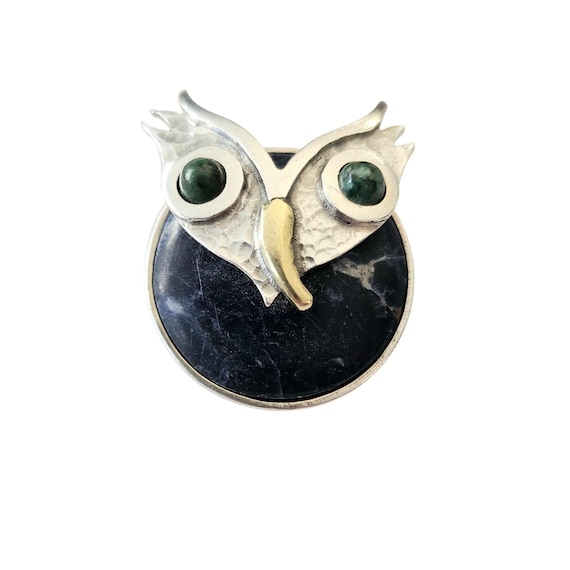 Tane Sterling Silver Owl Brooch Round Blue, Green Stone Pin Pendant C949