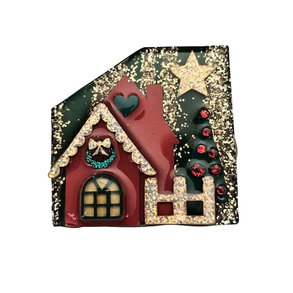 Lucinda Red House Christmas Tree Sparkle Star Pin J848