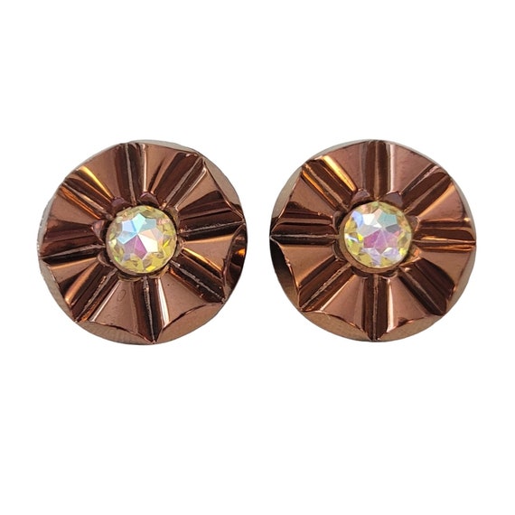 West Germany Gold Copper Tone Molded Glass AB Rhinestone Clip-On Earrings, Signed E94