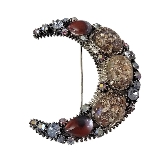 Silver Tone Pink Givre, Foil Glass Cabochon Crescent Moon Brooch K535