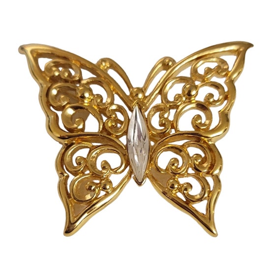 Monet Gold Tone Clear Rhinestone Butterfly Brooch, Signed E28