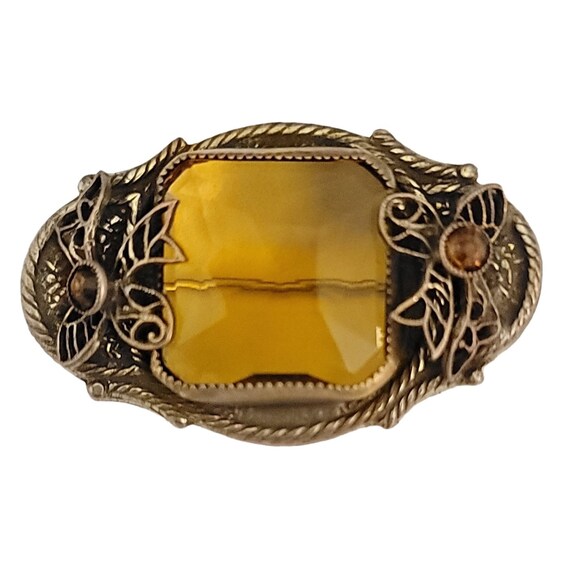 Gold Tone Filigree Oval Large Yellow Center Victorian Sash Style Pin Brooch