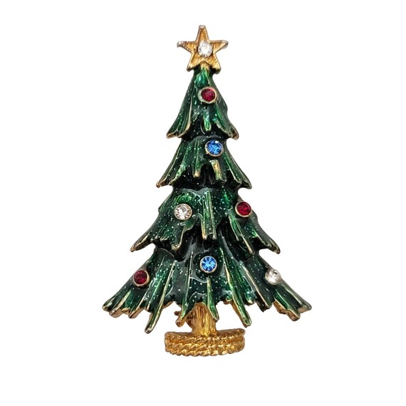 Eisenberg Ice Green Enamel Multi Color Rhinestone Christmas Tree Brooch Pin, Signed E253