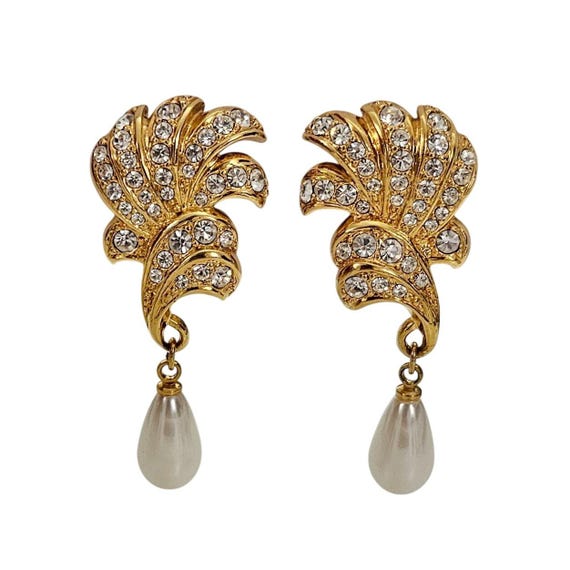 Gold Tone Clear Rhinestone Faux Pearl Drop Clip on Earrings
